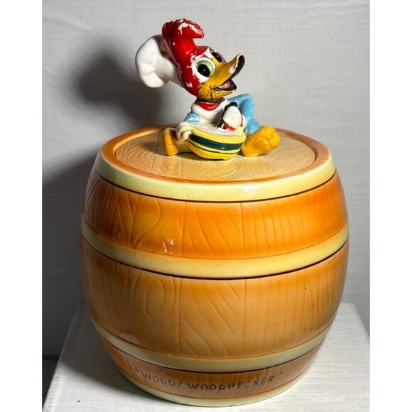 Vtg Woody Woodpecker Cookie Jar Barrel Design Ceramic Collectible Lid 9" Tall - Picture 2 of 16